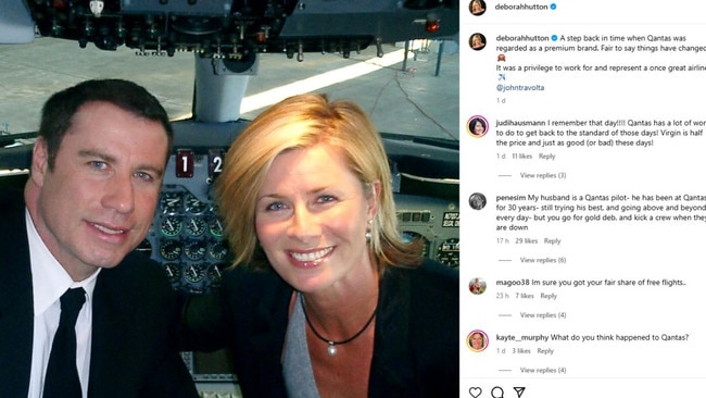 Former Qantas ambassador Deb Hutton posted an old shot of herself with fellow Qantas ambassador John Travolta to Instagram on Thursday lamenting how the airline has changed.