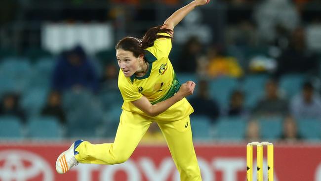 Megan Schutt bowling for Australia against New Zealand in their T20 match in Canberra this month. Picture: Getty Images