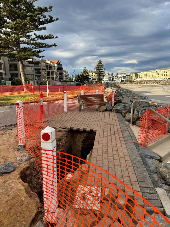 On Thursday night, the City of Holdfast Bay said the council's engineering team was investigating the extent of damage with a large section currently fenced off. Picture: City of Holdfast Bay