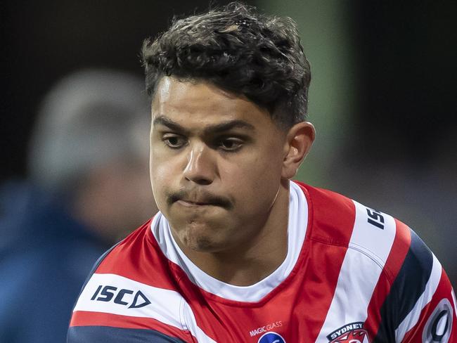 Latrell Mitchell of the Roosters warms up before the NRL Preliminary Final match between the Sydney Roosters and Melbourne Storm at the SCG in Sydney, Saturday, September 28, 2019. (AAP Image/Craig Golding) NO ARCHIVING, EDITORIAL USE ONLY