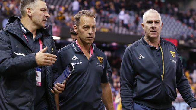 Hawthorn football manager Graham Wright (right) with coach Alastair Clarkson and assistant Adam Yze. Picture: Michael Klein