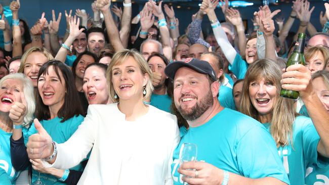 Zali Steggall celebrates with her supporters. Picture: Damian Shaw