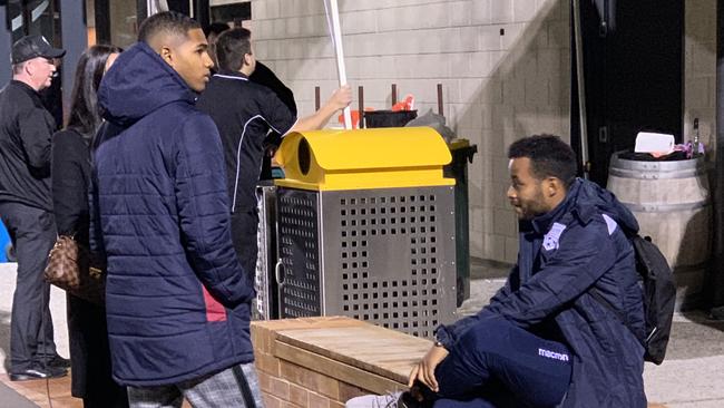 Michael Maria (left) talks to Adelaide United’s Dutch triallist Roland Alberg, following the Reds’ pre-season friendly against MetroStars. Picture: Rob Greenwood