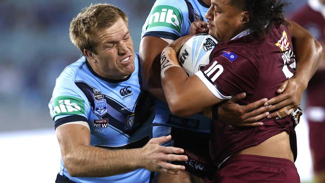 NSW's Jake Trbojevic and Daniel Saifiti tackles QLD's Josh Papalii during Game 2 of the State of Origin series between the NSW Blues and Queensland Maroons at ANZ Stadium. Picture. Phil Hillyard