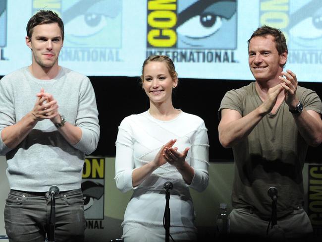 Jennifer Lawrence with former boyfriend Nicholas Hoult (left) and X-Men co-star Michael Fassbender. Picture: Kevin Winter/Getty Images