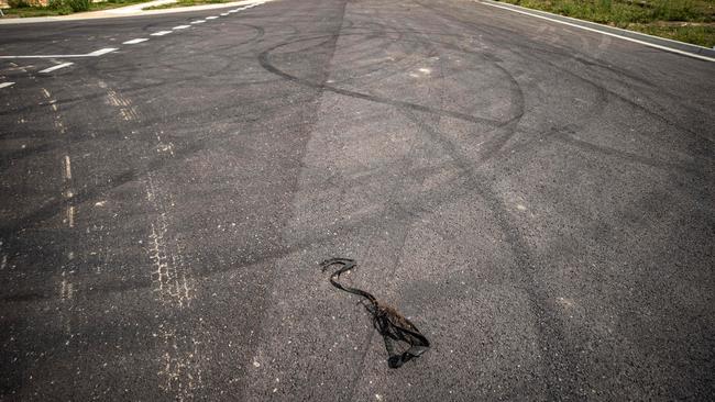 In Cranbourne West’s Quarters Estate, where hoons are rife, skid marks and ripped tyres litter the suburban streets. Picture: Jason Edwards