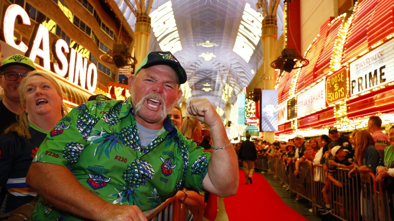 NRL fans soak up the action in Fremont Street during the opening round weekend in Las Vegas in March. Picture: Jonathan Ng