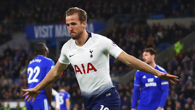 CARDIFF, WALES - JANUARY 01:  Harry Kane of Tottenham Hotspur celebrates as he scores his team's first goal during the Premier League match between Cardiff City and Tottenham Hotspur at Cardiff City Stadium on January 1, 2019 in Cardiff, United Kingdom.  (Photo by Michael Steele/Getty Images)