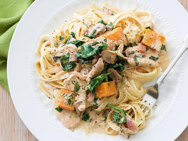 Creamy chicken and pumpkin pasta.