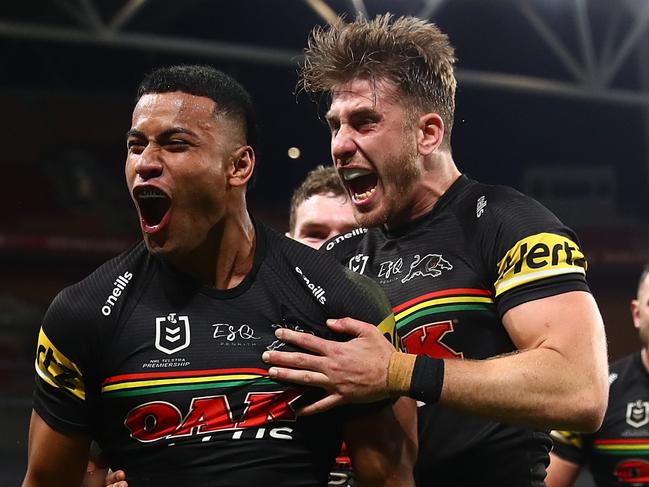 Playing out of position after Dylan Edwards was forced from the field, Stephen Crichton (L) and Paul Momirovski (R) were two of the Panthers’ best. (Photo by Chris Hyde/Getty Images)