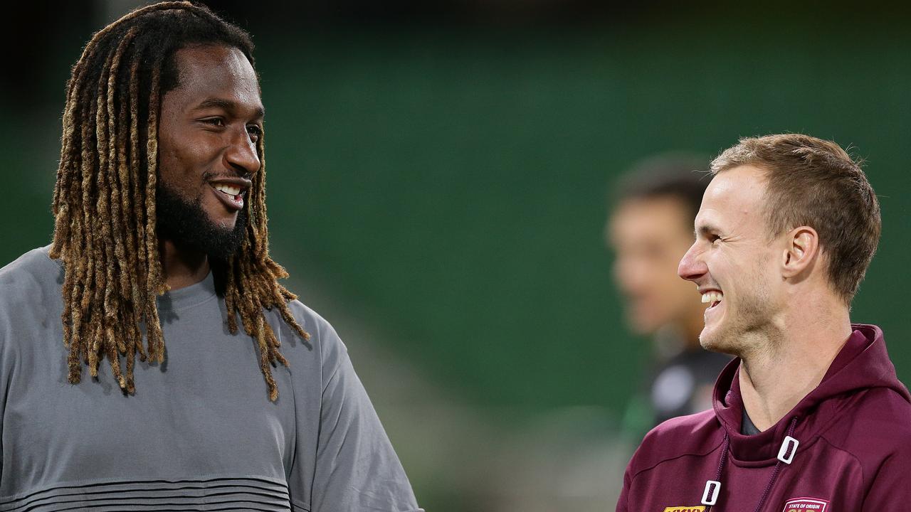 Nic Naitanui of the West Coast Eagles speaks with Daly Cherry-Evans of the Maroons at QLD training yesterday. (Photo by Will Russell/Getty Images)