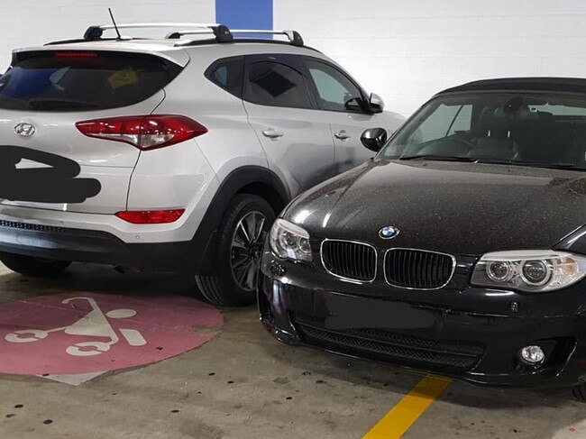 A mum shamed the ‘selfish’ driver who parked between two family cars in the ‘parents with pram’ spots at Birkenhead Point. Picture: Facebook/Inner West Mums