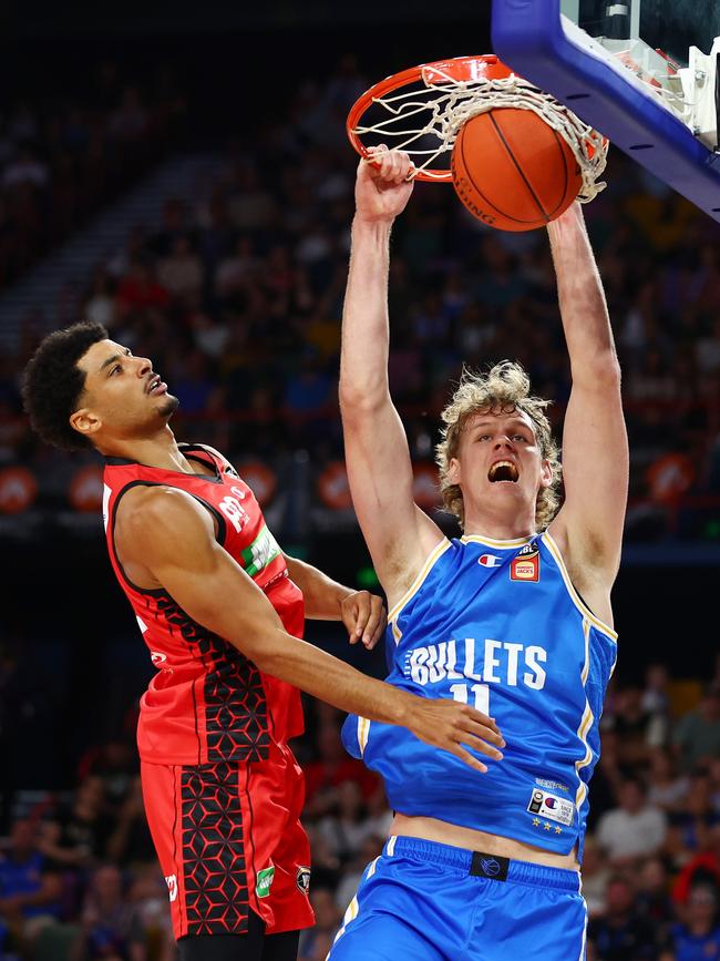 Adams couldn’t help be struck by the Bullets’ unique 7’3” teen sensation Rocco Zikarsky. Picture: Getty Images