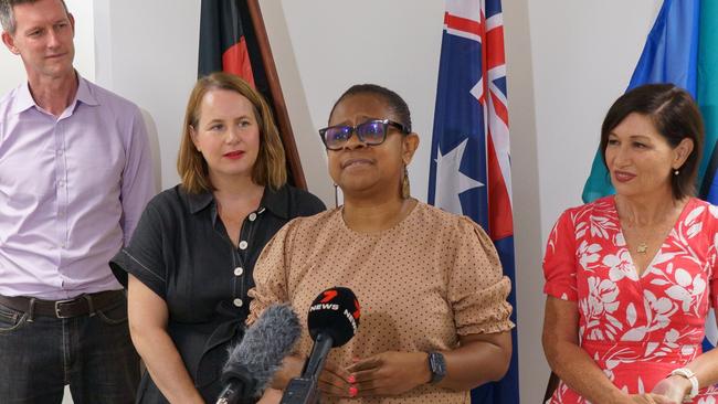 Ahead of the March 20 Cost of Living Summit on Thursday Island, (L-R) Minister Transport and Main Roads Mark Bailey, Senator Nita Green, Cook MP Cynthia Lui and Communities and Housing Minister Leeanne Enoch, discussed the $80M marine infrastructure funding boost for the Torres Strait. Picture: Supplied