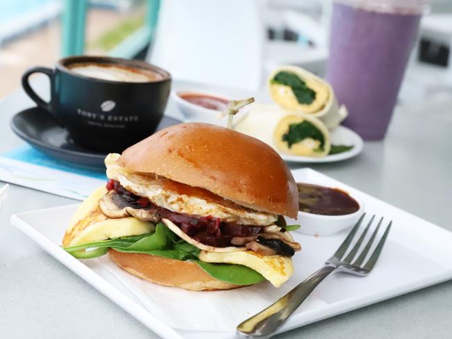 The Blu Aqua Kiosk’s haloumi and egg roll; spinach and egg wrap; Toby’s coffee and berry smoothie. Picture: Jenifer Jagielski