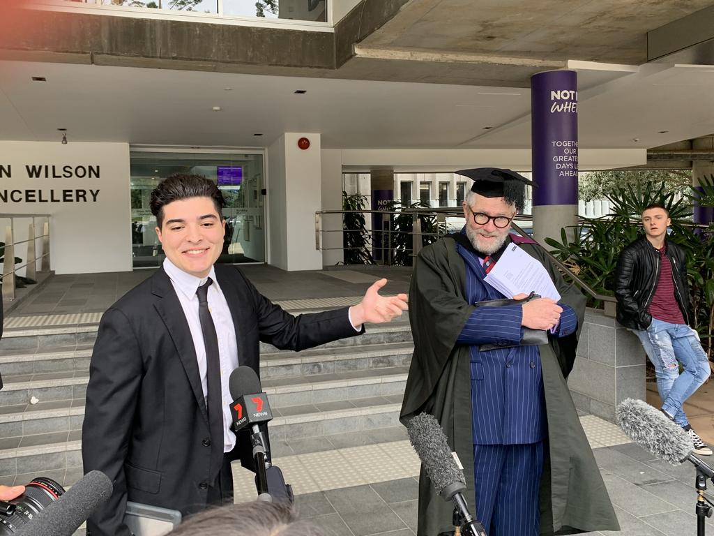 Drew Pavlou with his barrister Tony Morris QC outside of The University of Queensland. Picture: Michael McKenna