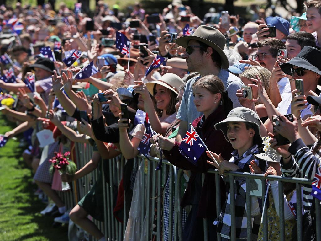 Crowds gather to welcome King Charles III and Queen Camilla to the Australian War Memorial. Picture: Getty