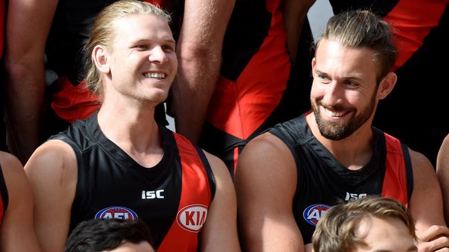 Michael Hurley and Cale Hooker side-by-side at Essendon’s photo day. Picture: Kylie Else