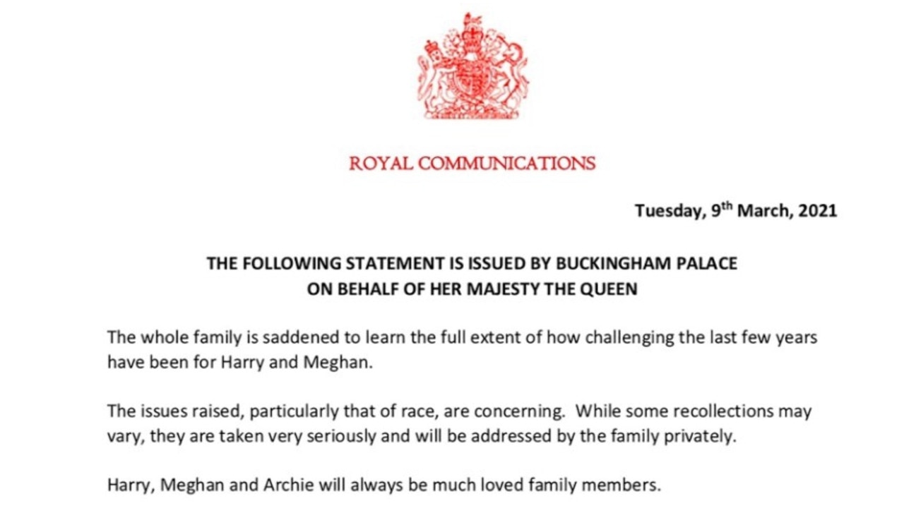 Buckingham Palace’s official statement in response to Harry and Meghan's interview with Oprah Winfrey.