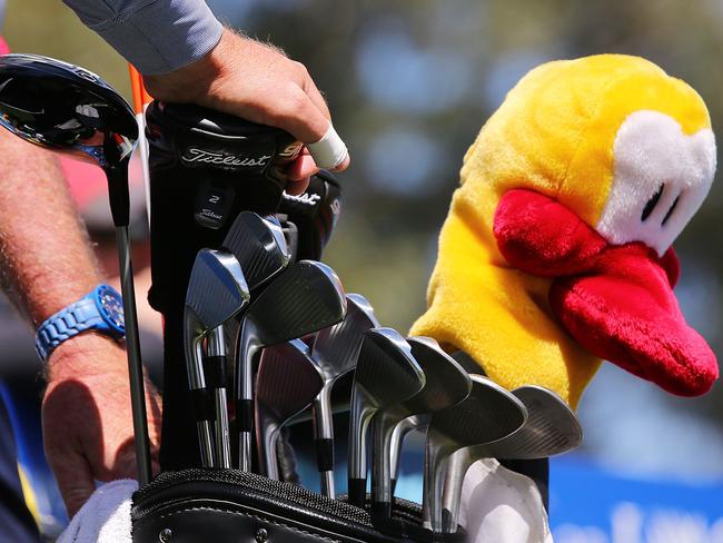 Jarrod Lyle’s golf clubs, complete with a Challenge Cancer Leuk The Duck wood cover, at the 2014 Australian Masters. Picture: Michael Dodge/Getty