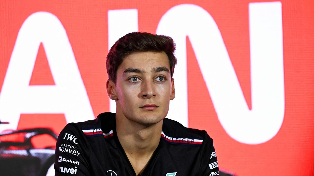 Mercedes' British driver George Russell attends a press conference at the Bahrain International Circuit in Sakhir ahead of the Bahrain Formula One Grand Prix on March 2, 2023. (Photo by ANDREJ ISAKOVIC / AFP)