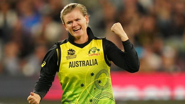 YOU BEAUTY! Jess Jonassen celebrates after taking one of her three wickets in the T20 World Cup final against India on Sunday. Picture: AAP Image/Scott Barbour