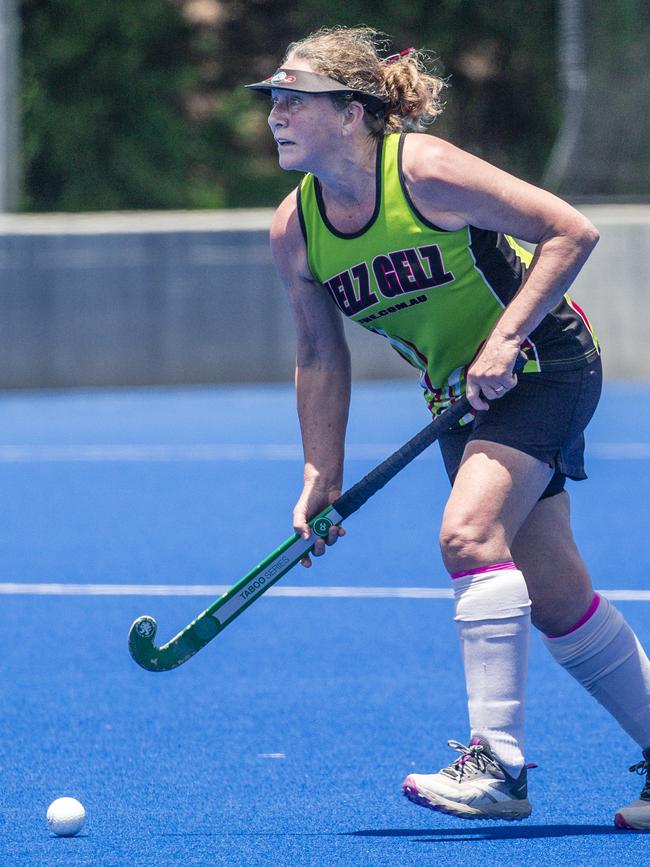 Action in the Pan Pacific Masters Games Hockey tournament. Picture: Glenn Campbell