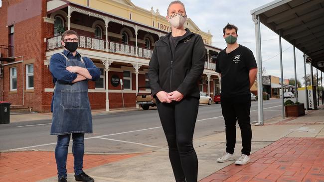 Dylan Walsh, Jesse Poulton and Tarsh Hickey, of Sea Lake’s Royal Hotel. Picture: Alex Coppel