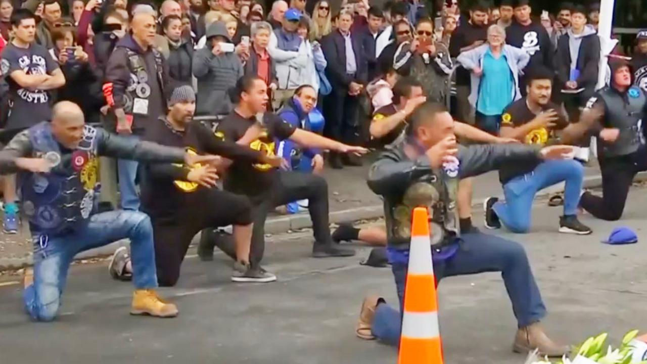 New Zealand gang Black Power perform a haka outside the Linwood mosque in Christchurch. Picture: Reuters.