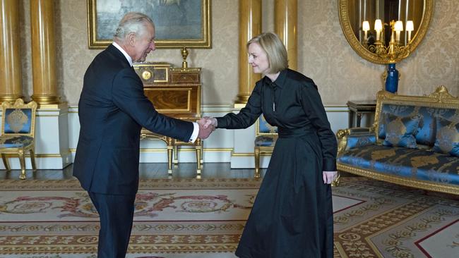 King Charles III receives Prime Minister Liz Truss in the 1844 Room at Buckingham Palace. Picture: Kirsty O'Connor – WPA Pool/Getty Images.