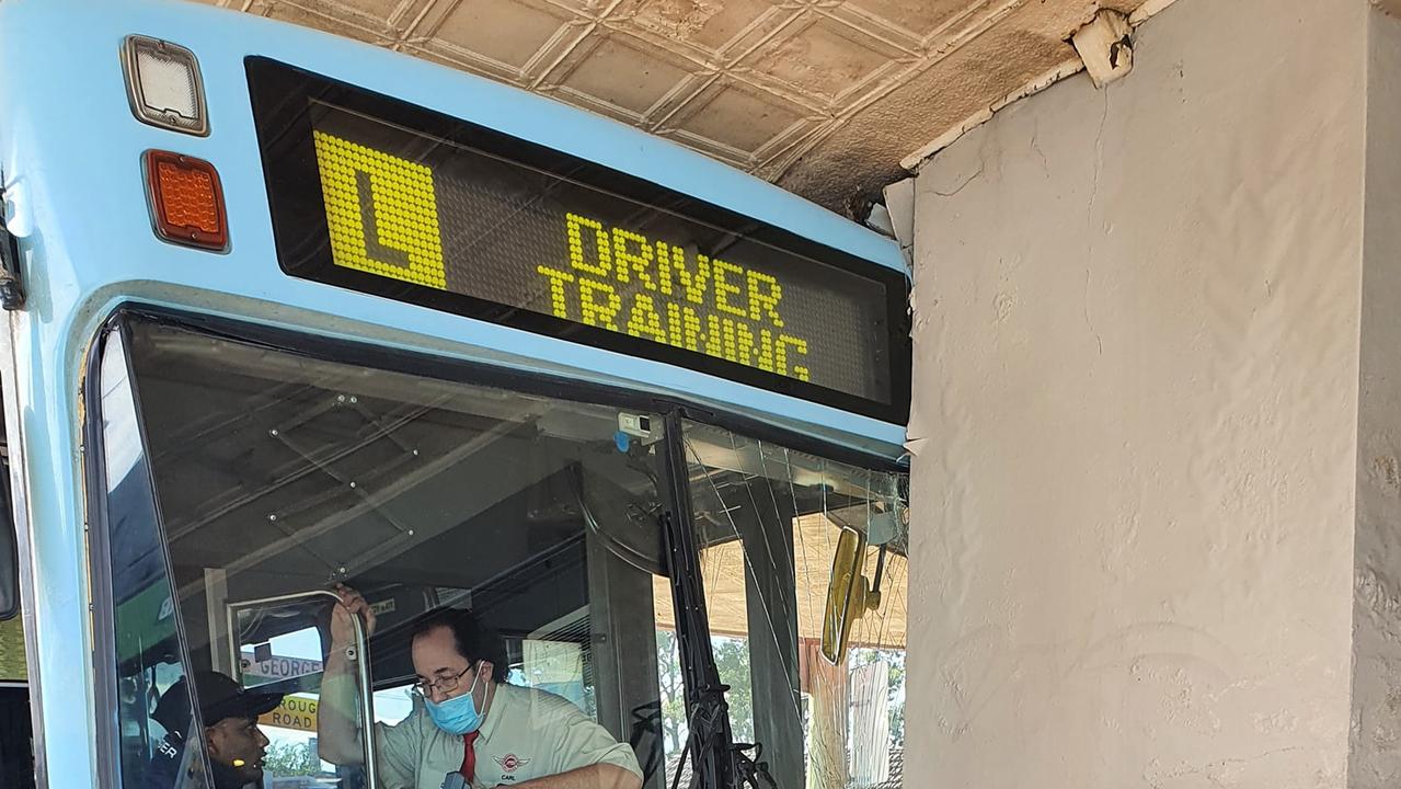 A bus driver learning the craft has been given some hilarious tips after he drove into a pub in southwest Sydney. Picture: Facebook.