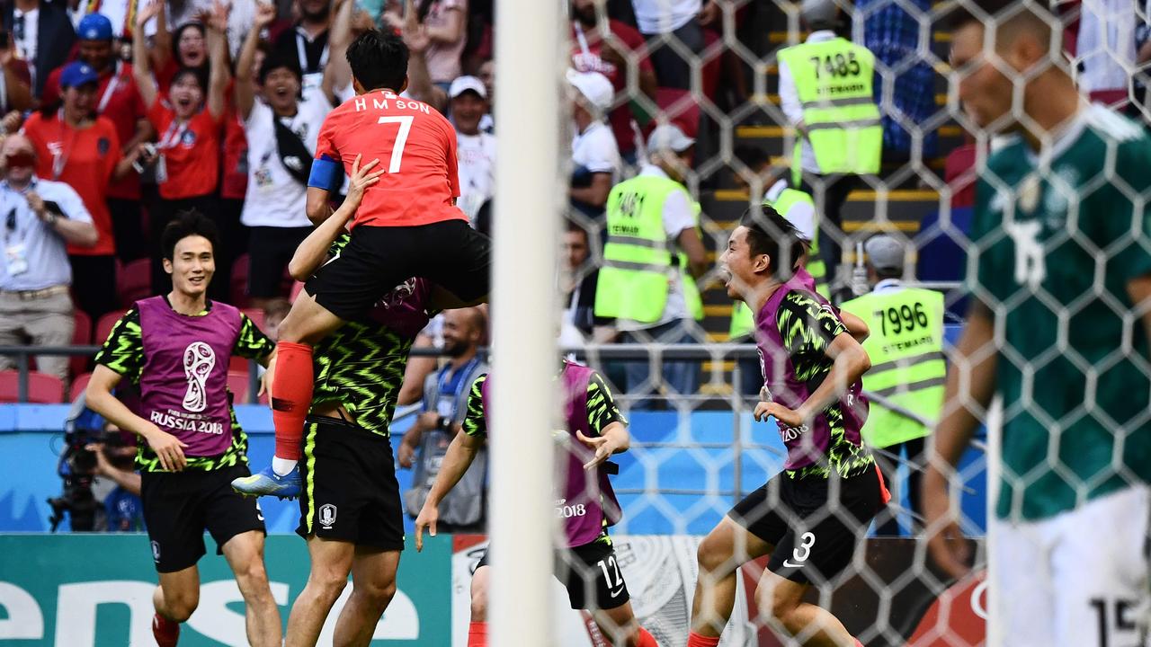 Son Heung-min celebrates his goal against Germany during the World Cup.