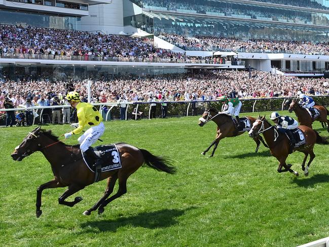 Without a Fight wins the 2023 Melbourne Cup. Picture: Quinn Rooney