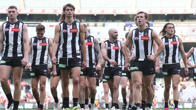 A disappointed Collingwood walks off the MCG after losing to the Gold Coast in Round 7. Picture: Michael Klein