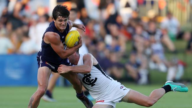 Lachlan Schultz of the Dockers kicked four goals against the Blues