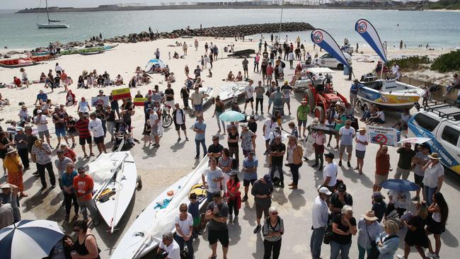 The crowd outside the Yarra Bay Skiff Club for the meeting. Picture: David Swift