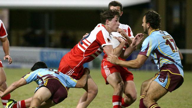 Flynn Daniel of Palm Beach Currumbin tries to break through. Picture: Tertius Pickard