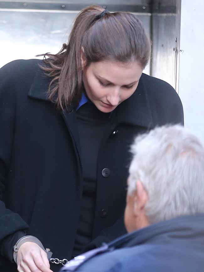 Harriet Wran arrives in a prison truck ahead of her sentencing hearing at the Supreme Court. Picture: John Grainger