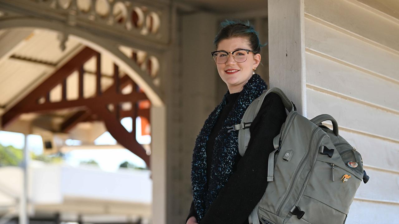 Kate Bowen at Petrie railway station, is really excited to start taking advantage of 50 cent fares to help her get around Brisbane. pic: Lyndon Mechielsen/Courier Mail