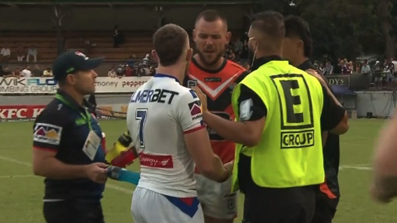 Jackson Hastings and David Klemmer clash after full time.