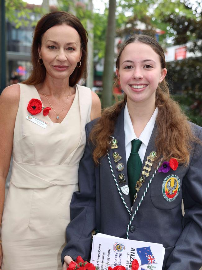 Rachel Cutajar and Emmelia Humpreys at the Surfers Paradise RSL Anzac Day noon service 2025 at Cavill Park for Gold Coast at Large. Picture, Portia Large.