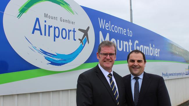 Minister for Regional Development John McVeigh and Member for Barker Tony Pasin announce a $3.5 million upgrade of the Mt Gambier Airport. Picture: Supplied.