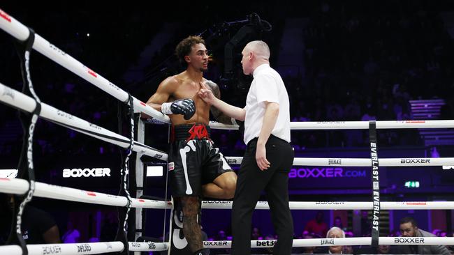 Referee Sean McAvoy speaks with Ben Whittaker after taunting Khalid Graidia during the Light Heavyweight fight. Picture: Getty