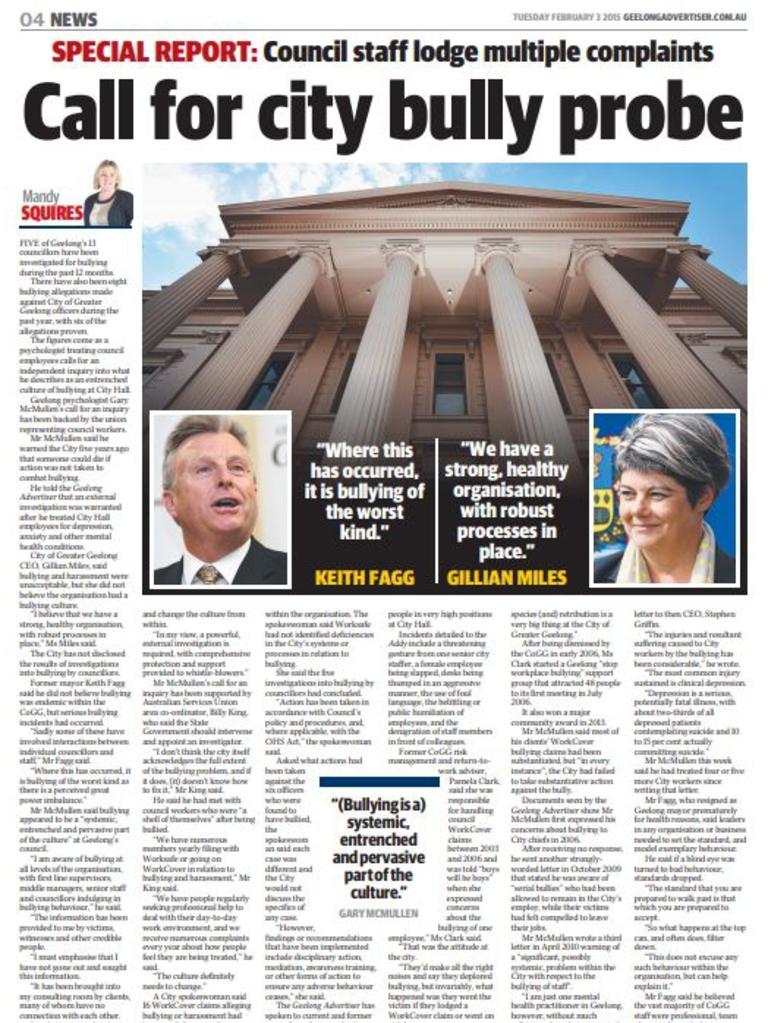 A screenshot of the Geelong Advertiser article about bullying claims against the City of Greater Geelong