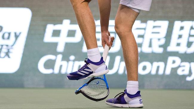Alexander Zverev breaks his racquet during his loss to Juan Martin del Potro in Shanghai.