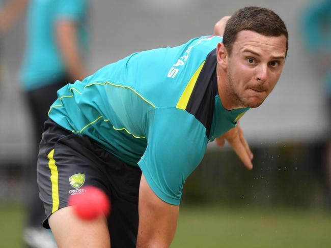 Josh Hazlewood sends one down during Australian training at Adelaide Oval this week. Picture: AAP