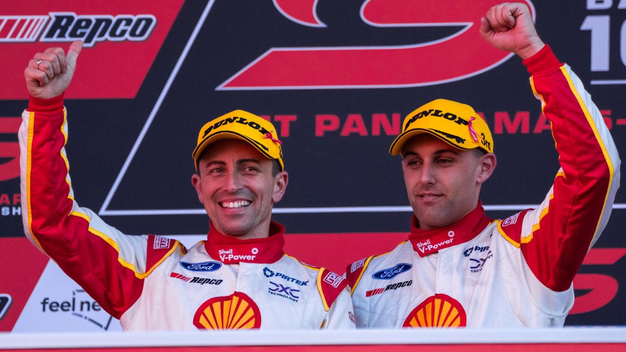 Tony D'Alberto (L) and Anton De Pasquale after finishing third at the 2023 Bathurst 1000. Picture: Daniel Kalisz/Getty Images