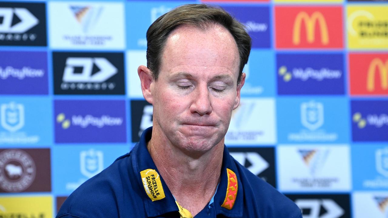 BRISBANE, AUSTRALIA - APRIL 23: Coach Justin Holbrook of the Titans looks dejected at a post match press conference after the round eight NRL match between the Dolphins and Gold Coast Titans at Suncorp Stadium on April 23, 2023 in Brisbane, Australia. (Photo by Bradley Kanaris/Getty Images)