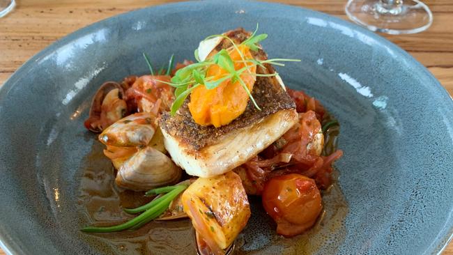 Star of Greece snapper with Goolwa pipis, roasted tomatoes, kipflers and saffron rouille.