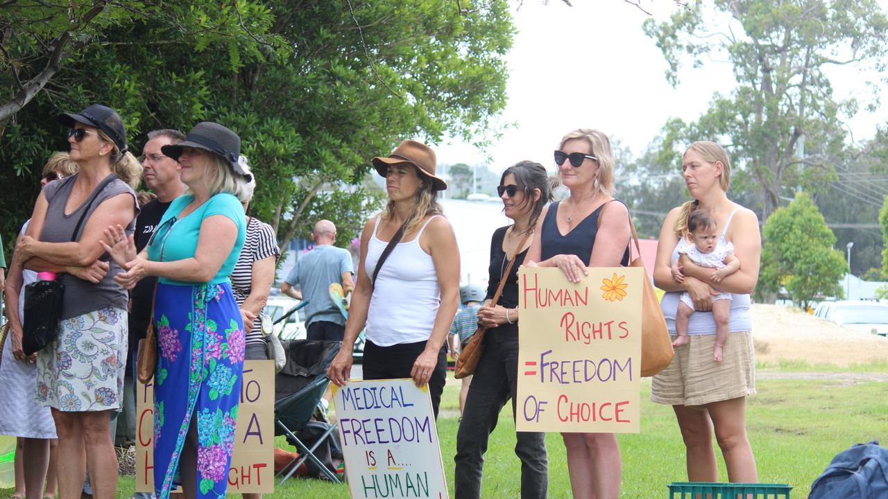 More than 150 people turned out for the Millions March Against Mandatory COVID-19 Vaccines in Coffs Harbour on Saturday February 20. Photo: Tim Jarrett